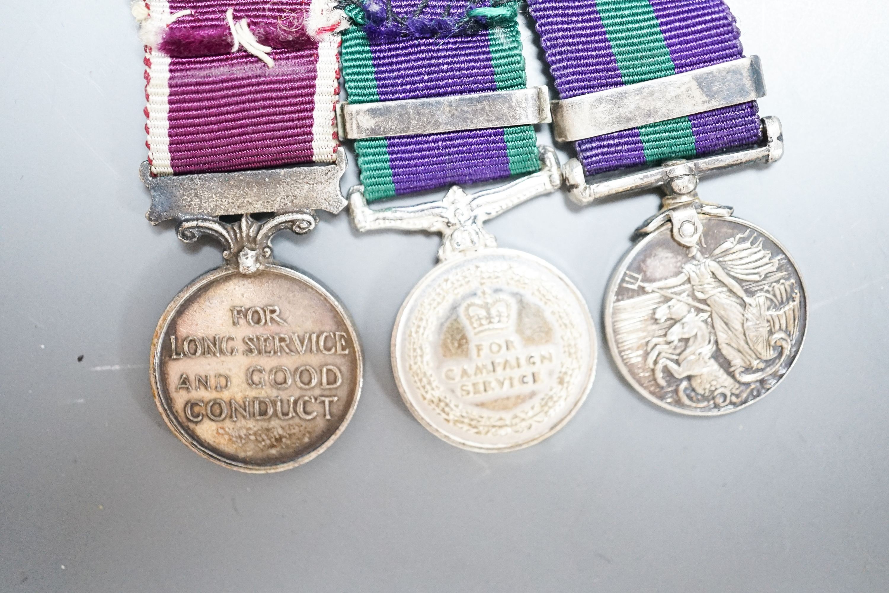 Various QEII medals to include GSM with Northern Ireland clasp to D8008248 SAC R. GILBERT RAF, Afghanistan OSM To 24795570 SGT A. J. PUGSLEY RAMC (R), together with George VI and QEII miniature GSM etc.